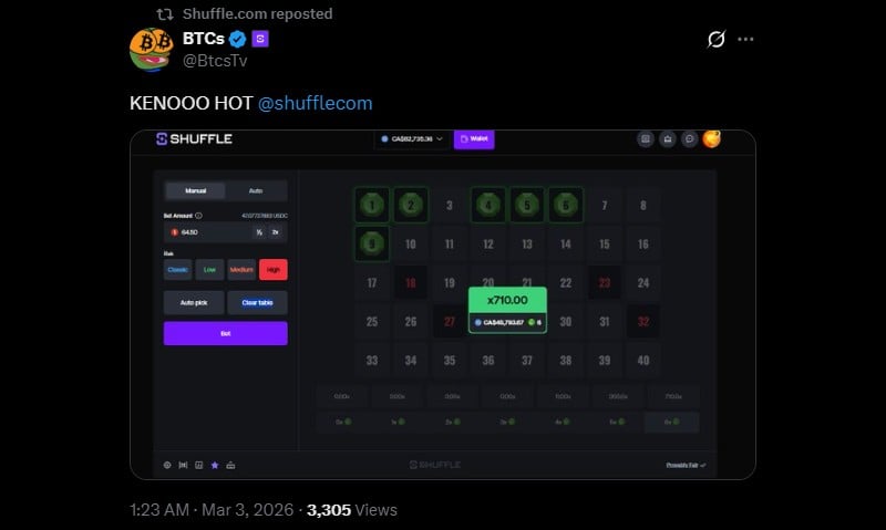 Twitter BTCsTv 45K Shuffle Keno Win